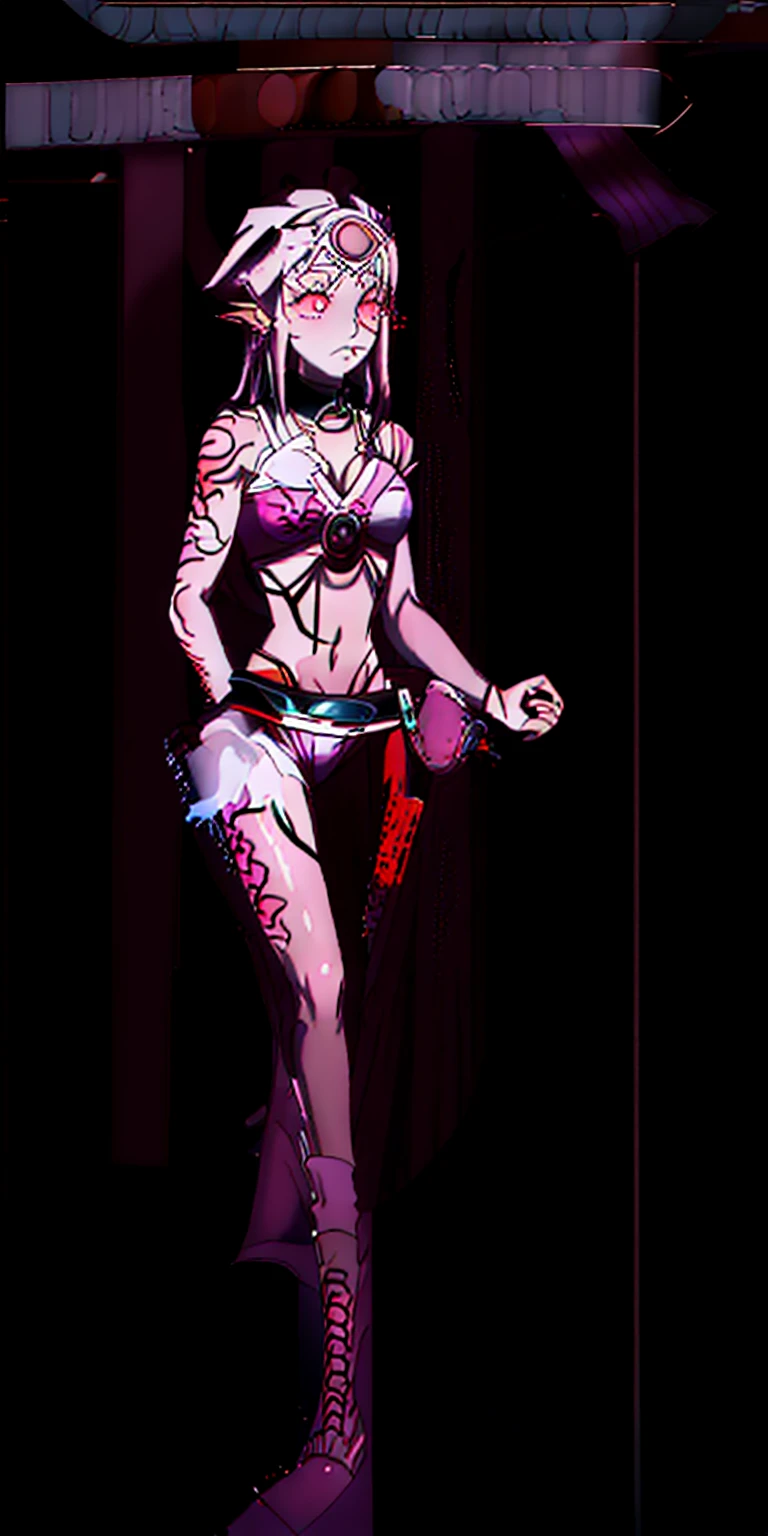 ((1woman)) whole body, standing, gray skin, drow, elf, 1 girl, maduro, purple eyes, by white, black bikini, ABS, Large knockers, tattered rags, chain collar, stomach tattoo (red tattoo)