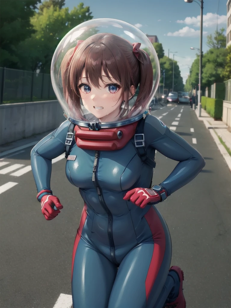 short hair, pink hair, street, emo,pink eyes, eyeliner, fortified suit, ((blue:1.5) plugsuit), short hair, (running fast:1.6),sweaty,clenched teeth,marathon event,looking ar forward,1),,asuka langley soryu, (souryuu asuka langley:1.2), short hair, bangs, blue eyes, brown hair, bodysuit, pilot suit, plugsuit, (red bodysuit:1.5, bubble helmet space helmet,twintails