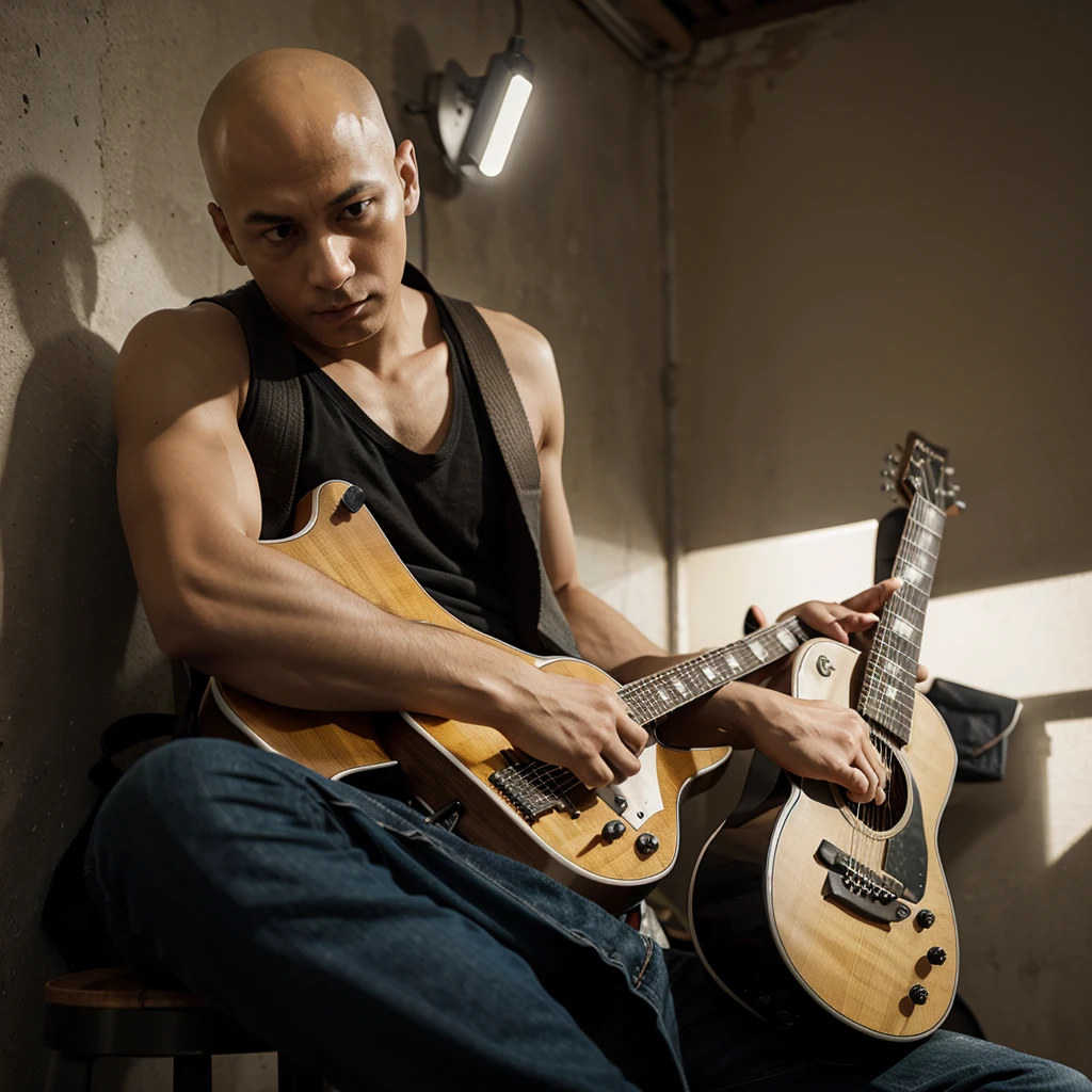 Saitama from One Puch Man playing guitar alone 