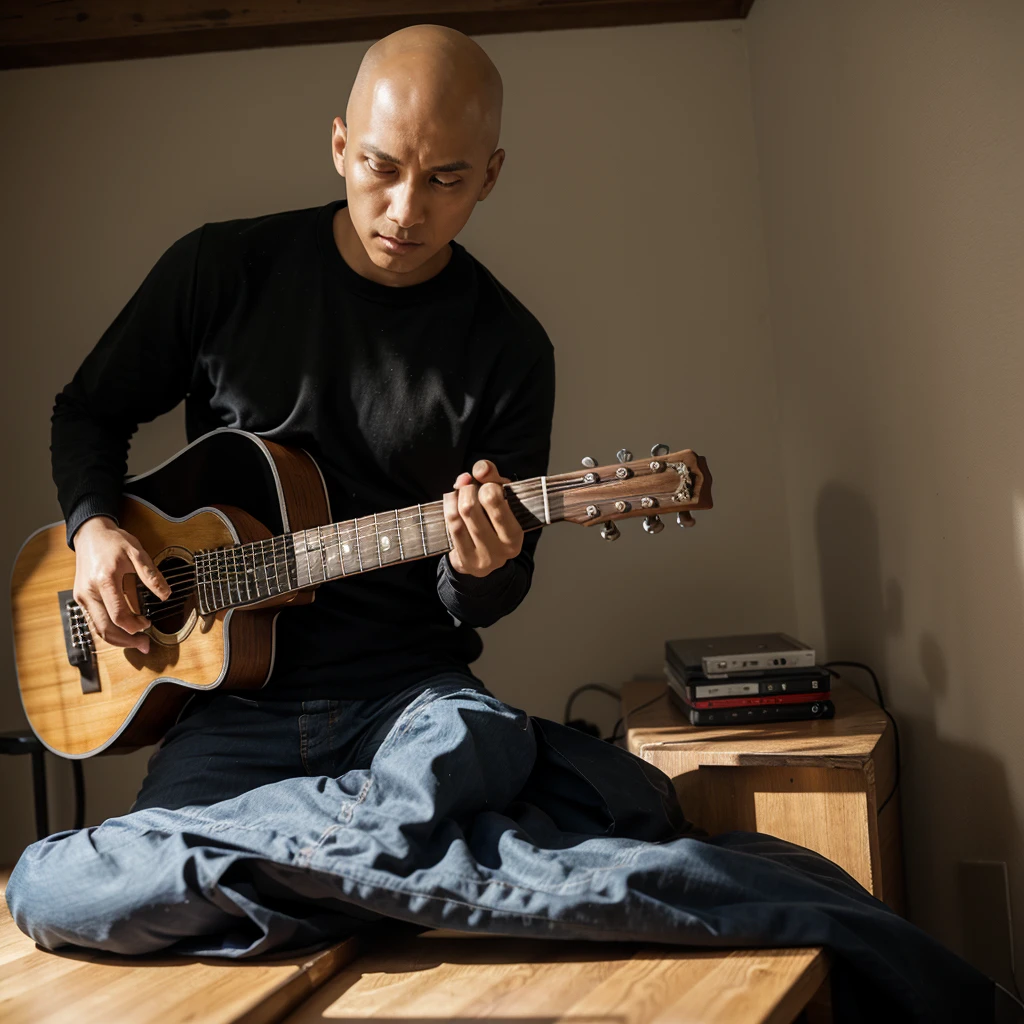 Saitama from One Puch Man playing guitar alone