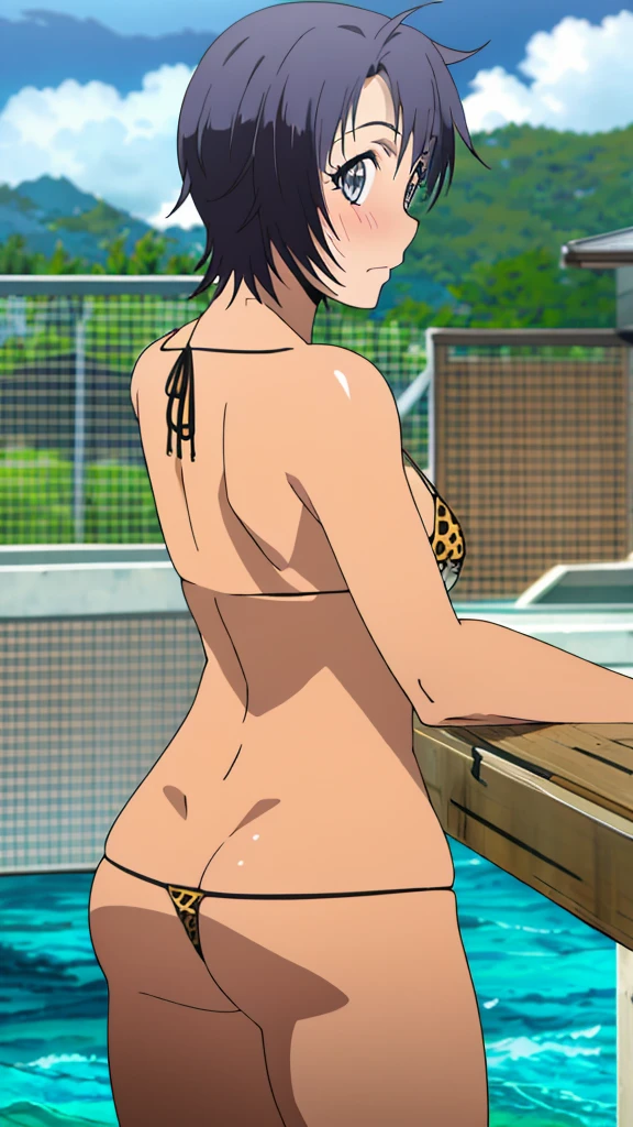 (masterpiece, 4K, Highest quality, anime style: 1.9, Detailed face, Lovely, Ocean,bold, High resolution, anime, Lake 4. alone, Curvaceous, Very slim belly, Cowboy Shot, 1 Girl,,(Leopard print micro bikini),View your viewers,(Mikage Aki/Silver Spoon),Naked in a swimsuit,blush,Embarrassed face,Back view,Show your ass,Thong