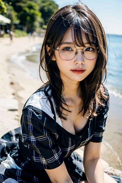 (8K、original photography、top quality、masterpiece:1.2)、(realism、realism:1.37)、Super detailed、Ultra-high resolution、1 girl、Different opinions、Beautiful and delicate face、a smile、Zoom out、(Slim waist) :1.3)、white summer clothes、Beautiful and delicate skin、texture、flowing hair、Braided hair、professional lighting、Sexy maid next to the beach,Full body image，Keep your eyes on the camera,Leg length，Big breasts and thin waist、((black plaid glasses )) 、Full body female、brown hair