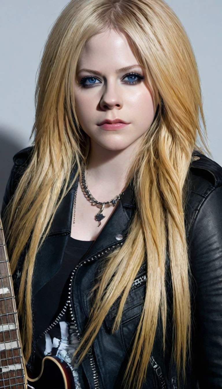 a beautiful detailed portrait of avril lavigne, a female rockstar, with piercing blue eyes, full red lips, pale skin, long blonde hair, wearing a black leather jacket, ripped jeans, and holding an electric guitar, dramatic lighting, moody color tones, grungy, edgy, photorealistic, 8k, (best quality,4k,8k,highres,masterpiece:1.2),ultra-detailed,(realistic,photorealistic,photo-realistic:1.37)