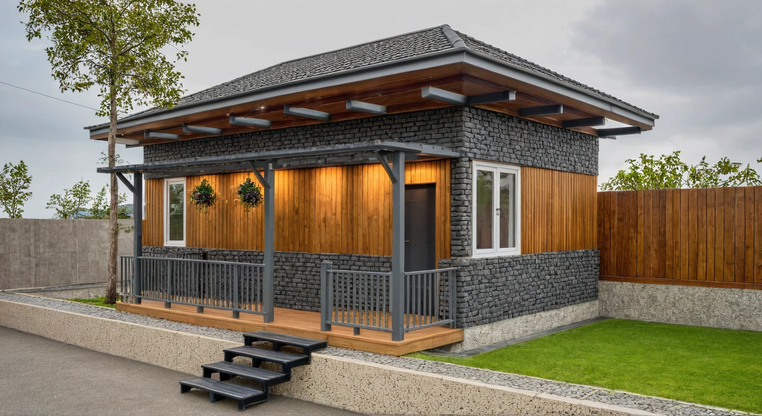 a homestay house, exterior, outdoors, glass railing, garden, car, Granite cladding of wall, brick wall, street, gate, grass, garden, wooden columns, the gate is made of steel.