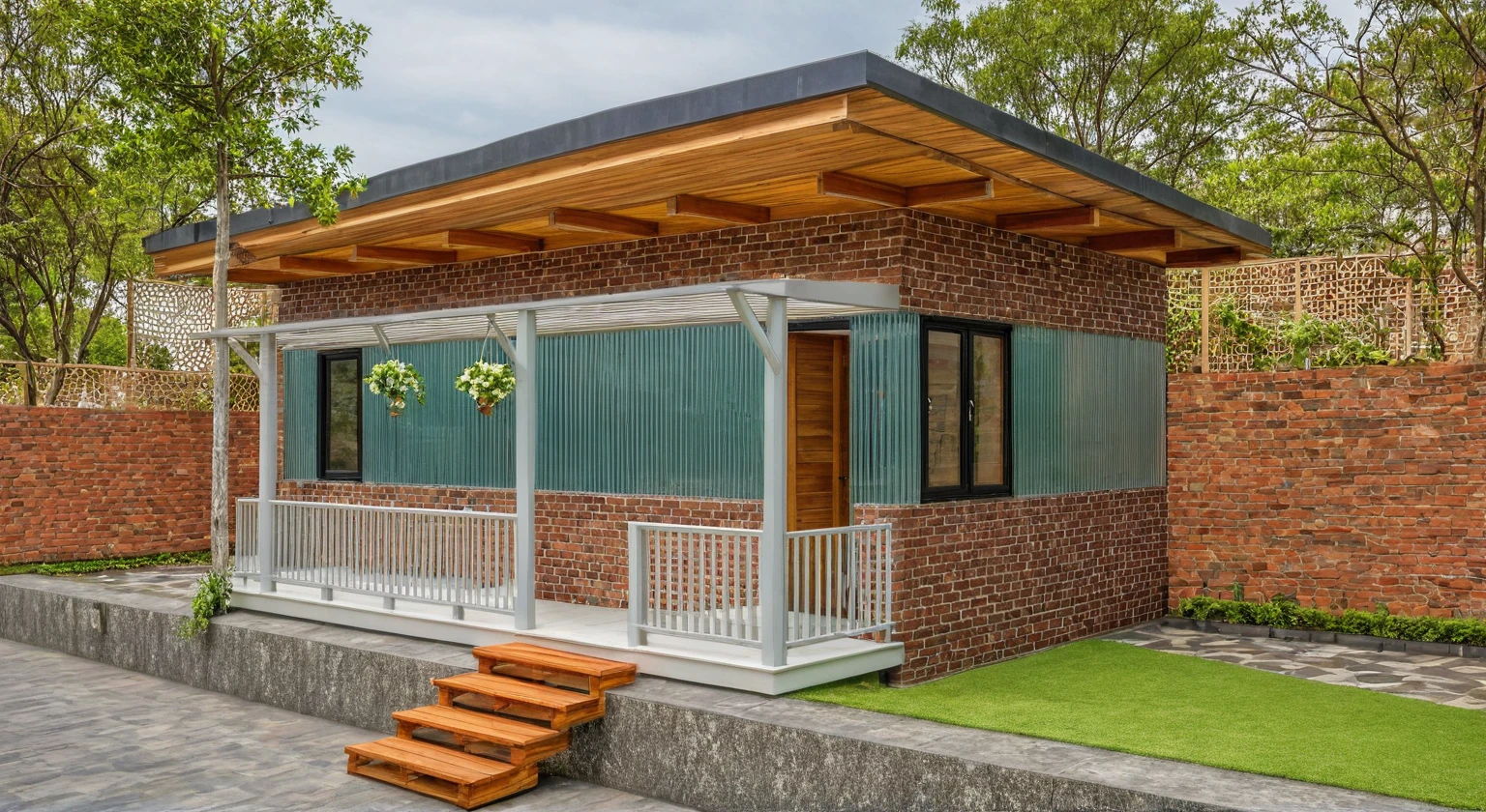 a homestay house, exterior, outdoors, glass railing, garden, car, Granite cladding of wall, brick wall, street, gate, grass, garden, wooden columns, the gate is made of steel.