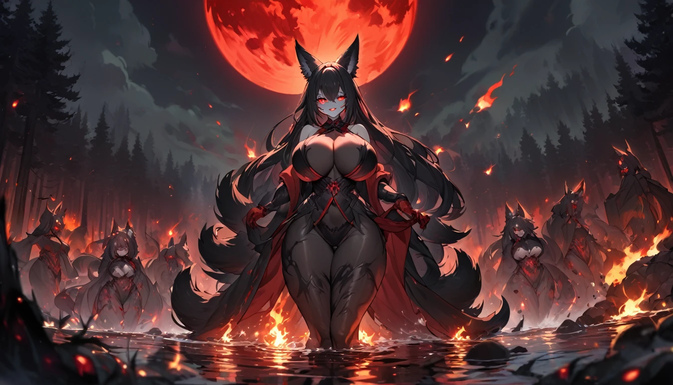beautiful detailed black kitsune, red glowing eyes, highly detailed face, extremely detailed eyes and face, large breasts, curvy and sexy figure, mature woman, several long black kitsune tails, soft long black kitsune ears, ruling a lake, holding a towel, huge red blood moon in the sky reflecting in the water, burning forest full of charred corpses, terrifying smile with glowing red eyes, body covered in sinister dark stains,