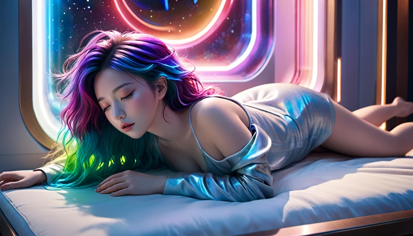 (Highest quality,8K,Super detailed:1.2),(CG,CG Art,3D Rendering),(masterpiece:1.2),（Crawling on the table），（Sexy Outfits），(Cinema Lighting,Futuristic),(Woman lying in bed,Sleep,close your eyes),(The big window behind her,quiet night),(Colorful Hair:1.5)
