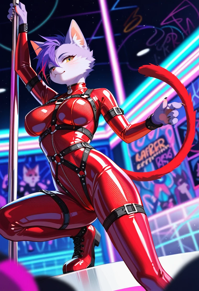 animation, Highest quality, Highest quality, High quality illustrations, masterpiece, Ultra-high resolution, Detailed Background, Disco, Graffiti art on the wall, Absurd, Perfect Anatomy, performance, Good lighting, Shadows in the movies(kemono, Furry PersonifiCation), Cat, Purple Skin, Red Rubber Suit, latex, neon, neonライト, neonカラー, Bodysuits, Cyber Suit, Harness, cyber punk, pole dance