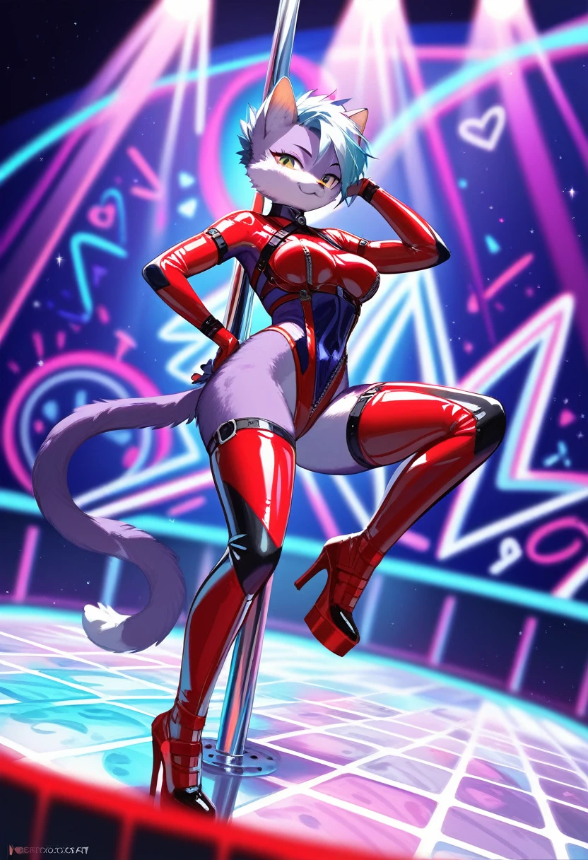 animation, Highest quality, Highest quality, High quality illustrations, masterpiece, Ultra-high resolution, Detailed Background, Disco, Graffiti art on the wall, Absurd, Perfect Anatomy, performance, Good lighting, Shadows in the movies(kemono, Furry PersonifiCation), Cat, Purple Skin, Red Rubber Suit, latex, neon, neonライト, neonカラー, Bodysuits, Cyber Suit, Harness, cyber punk, pole dance