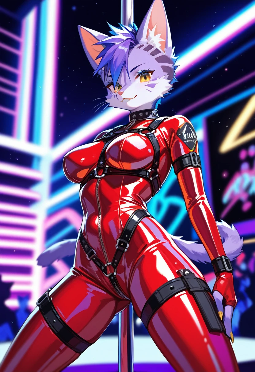 animation, Highest quality, Highest quality, High quality illustrations, masterpiece, Ultra-high resolution, Detailed Background, Disco, Graffiti art on the wall, Absurd, Perfect Anatomy, performance, Good lighting, Shadows in the movies(kemono, Furry PersonifiCation), Cat, Purple Skin, Red Rubber Suit, latex, neon, neonライト, neonカラー, Bodysuits, Cyber Suit, Harness, cyber punk, pole dance