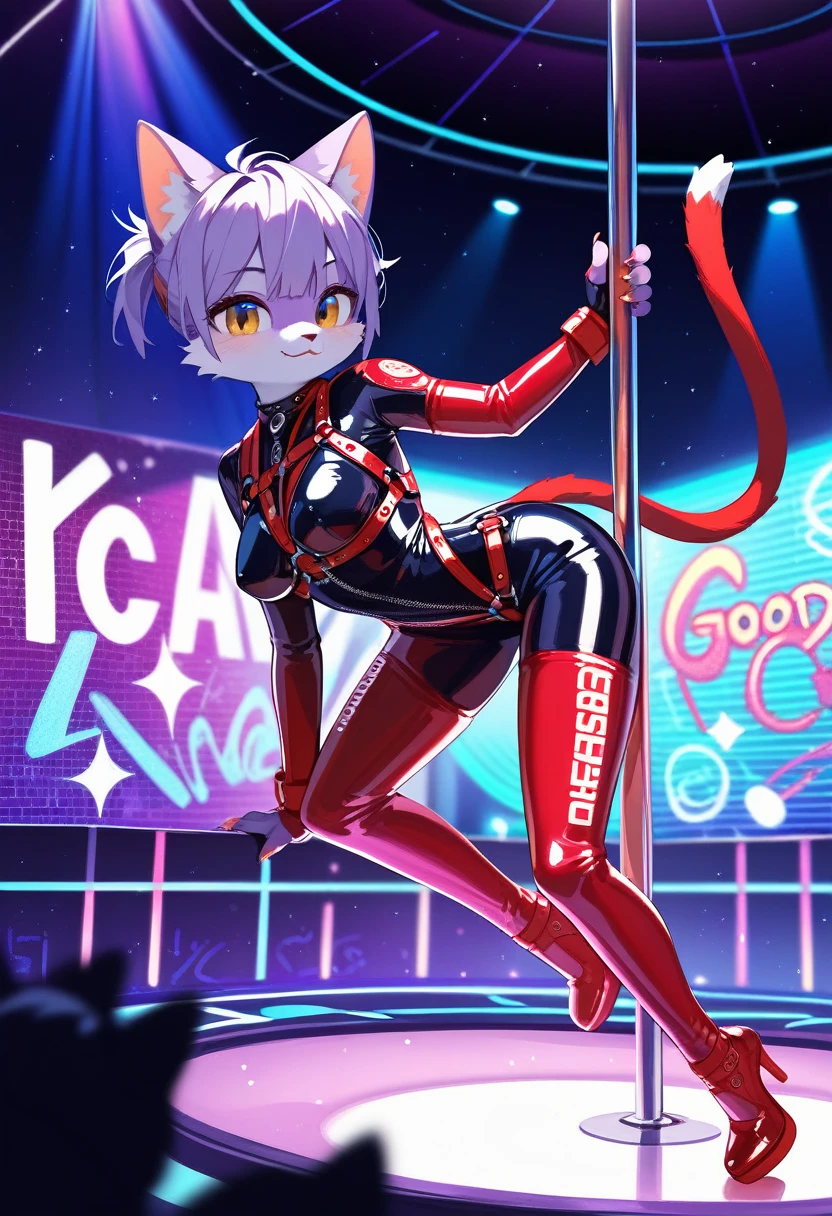 animation, Highest quality, Highest quality, High quality illustrations, masterpiece, Ultra-high resolution, Detailed Background, Disco, Graffiti art on the wall, Absurd, Perfect Anatomy, performance, Good lighting, Shadows in the movies(kemono, Furry PersonifiCation), Cat, Purple Skin, Red Rubber Suit, latex, neon, neonライト, neonカラー, Bodysuits, Cyber Suit, Harness, cyber punk, pole dance