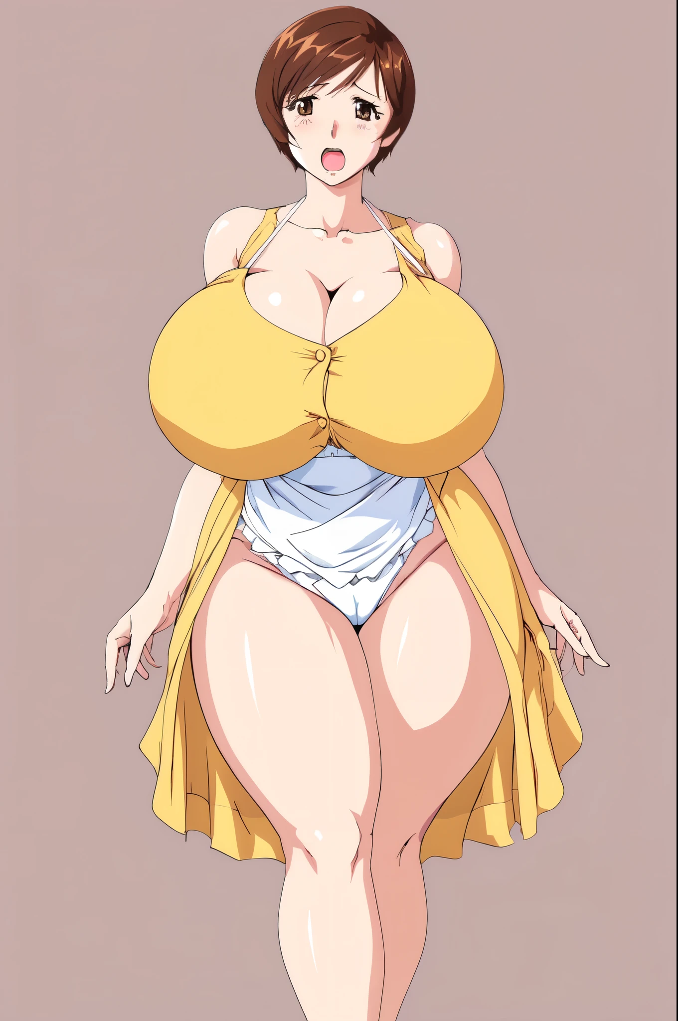 masterpiece, highest quality, High resolution, One girl, solo, sexual intercourse, Pornographic images, short hair, etsukoto, brown Eyes, fine grain, fine grain, (((Thick thighs, Plump thighs, Voluptuous thighs, Thighs alone are enough))), Huge and ample breasts, Cleavage, big long breasts, Naughty big,((big breasts are important))、((Naughty thighs)), L Cup, (thin:1.4),(Tight waist:1.4),  (yellow dress:1.4), ((white waist apron)), anguish, open mouth, blush, white panties,  (((Simple Background))), ((Wide Hips)), Shiny, Oily skin, Mature mother, Calf, Seductive mature woman, milf, Perfect body, Plus Size Model, curvy, ample, etsukoto, blush, clavicle, retro artstyle, 1990s (style), (thick thighs:1.4), Bare legs, 