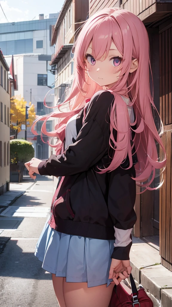 Girl with long wavy pink hair, red eyed, dressed in cute clothes in high school. Next to his sister with short blonde hair and blue eyes