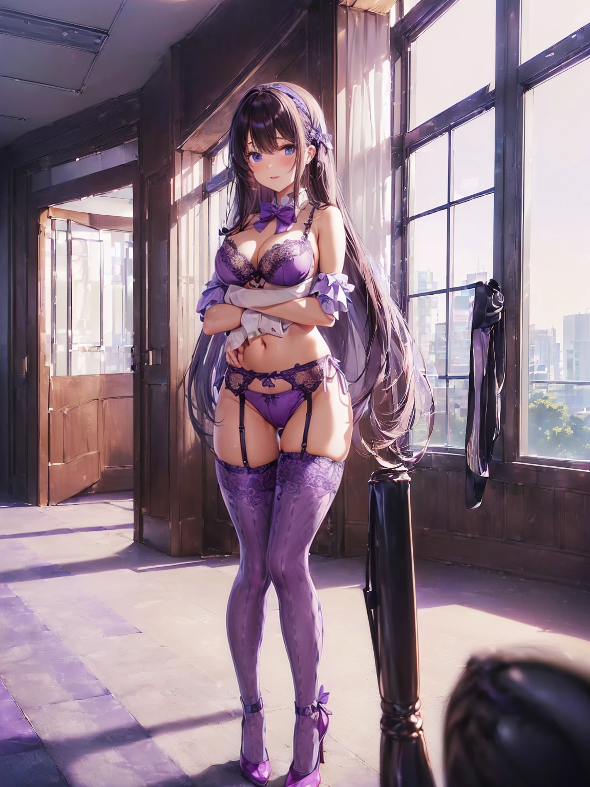 ((一人のWoman in underwearはセクシーにOffice corridorを歩いている:1.8), Beautiful Anime Women, Beautiful art style, Anime characters, ((Smooth texture, Realistic texture, Anime CG Style)), ((Highest quality)), (Very detailed), (Very detailed CG 統合 8k 壁紙), Very detailed, High-resolution RAW color photos, Professional photography, (Brown Hair, Stylish hairstyle:1.1), Great face and eyes, Beautiful and big breasts, Slender body, (Stunningly beautiful woman), (Detailed face:1.2), (Office corridor, Many men in suits are walking in the background, There is a window in the hallway:1.3), ((Bow tie around neck:1.3), (Black high heels:1), (Sexy and cute light purple underwear:1.3), (Stylish shiny light purple satin panties, Side-tie panties, The panties are plain light purple in the center with lace decoration on the sides.:1.3), (Thin panties:1.3), (Light purple micro lace satin bra, Light purple bra with lace trim, Thin bra:1.3), (lace garter belt, Garter Strings, Black knee socks:1.3):1.3), (naked, Woman in underwear, Women wear only bras, panties, knee socks and garter belts:1.5), Exact number of arms, Exact number of legs, Perfect Anatomy, (Embarrassed expression, Surprised expression), Angle from the front, Exact finger count、Exact number of legs、(Exact number of arms:1.0, Exact number of hands:1.0), (Perfect hands, Perfect Anatomy)