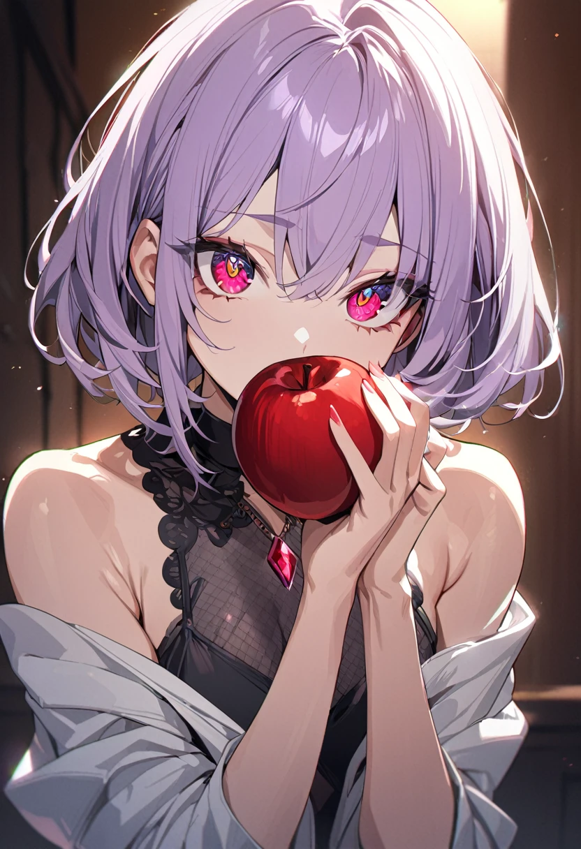 1 girl, masterpiece, top quality, beautiful, big eyes, jewel eyes, ruby eyes, light purple hair, long intake, short hair, holding apple, anime