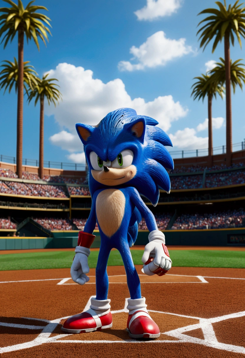 Baseball Player, "Sonic the Hedgehog", full body, cinematic still, cinemascope, (best quality, masterpiece), very aesthetic, perfect composition, intricate details, ultra-detailed, vivid colors