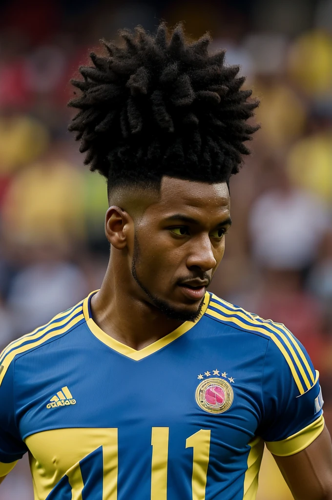 a man with curly black hair very short, tall watching a Colombia game with the Colombia shirt and on the back of the shirt put the name Stiven and the number 10, whatever it is in a cartoon, who is cheering for Colombia from the stadium stands