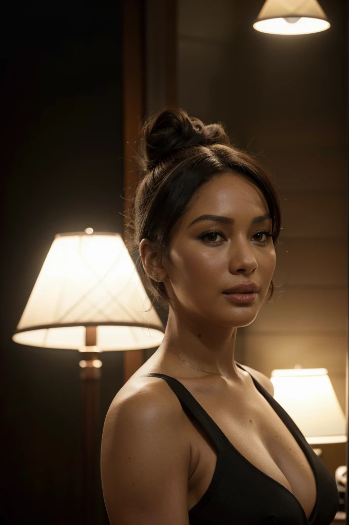 Match color and lighting, masterpiece, highly detailed, woman, teasing, playful, sexy, mixed-race, dark skin, (monica bellucci) , (black jennifer lawrence) , naomi campbell, aishwarya rai, (((short hair))) , (((hair attached))) , (((hair bun))) , relaxed face, lips apart, smile, indoor, (((night time))) , ((backlit)) , ((rim light)) , (((low lighting))) , intimate, low contrast, F/22, iPhone X,