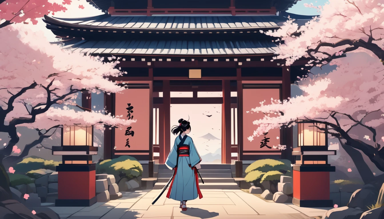 Female samurai,Background is cherry blossoms and a Japanese temple、 Wide-angle lens, Lofi Anime, Lofi illustration, Aesthetic atmosphere, Lo-Fi Style, Vector art, Flat Design, Simple shape, Warm tones, Pleasant atmosphere, Chill, In anime style, Digital drawing, Vector art, Vector logo for t-shirt printing, (Adorable:1.5), (small:1.4), (Playful:1.2), (soft:1.3), (Whimsical:1.1), masterpiece, Highest quality, 8K, Intricate details, grow, Celestial, Mysterious, Picturesque, amazing, Majestic, Magic, Fantasy art, Cover art, dream-like