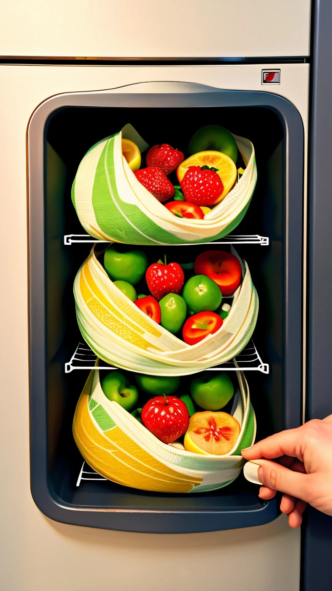 Illustration of fruit wrapped in newspaper being placed in the vegetable compartment of the refrigerator
