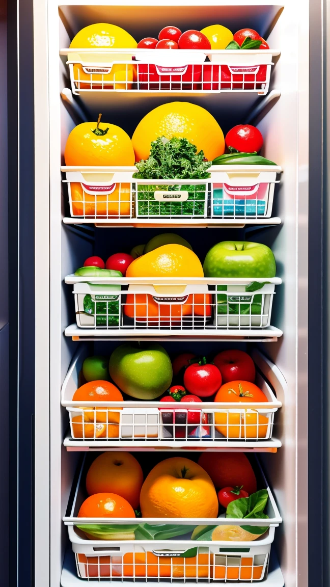 Illustration of fruit wrapped in newspaper being placed in the vegetable compartment of the refrigerator