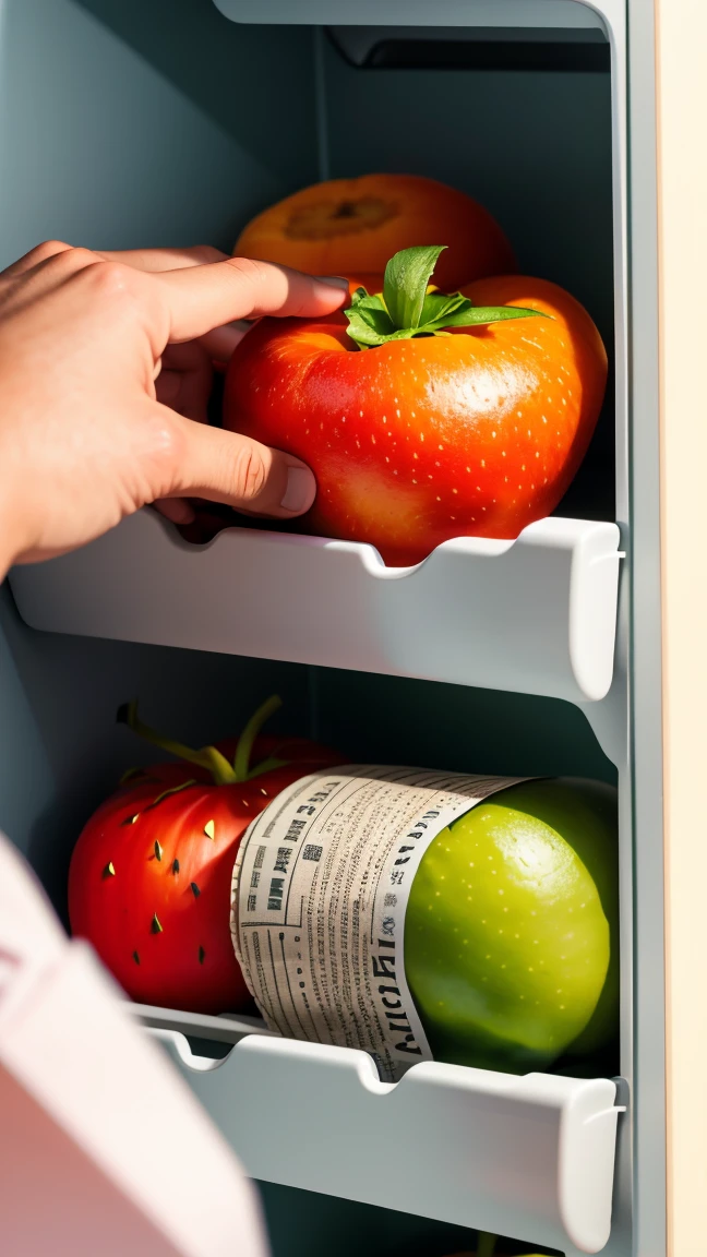 Illustration of fruit wrapped in newspaper being placed in the vegetable compartment of the refrigerator