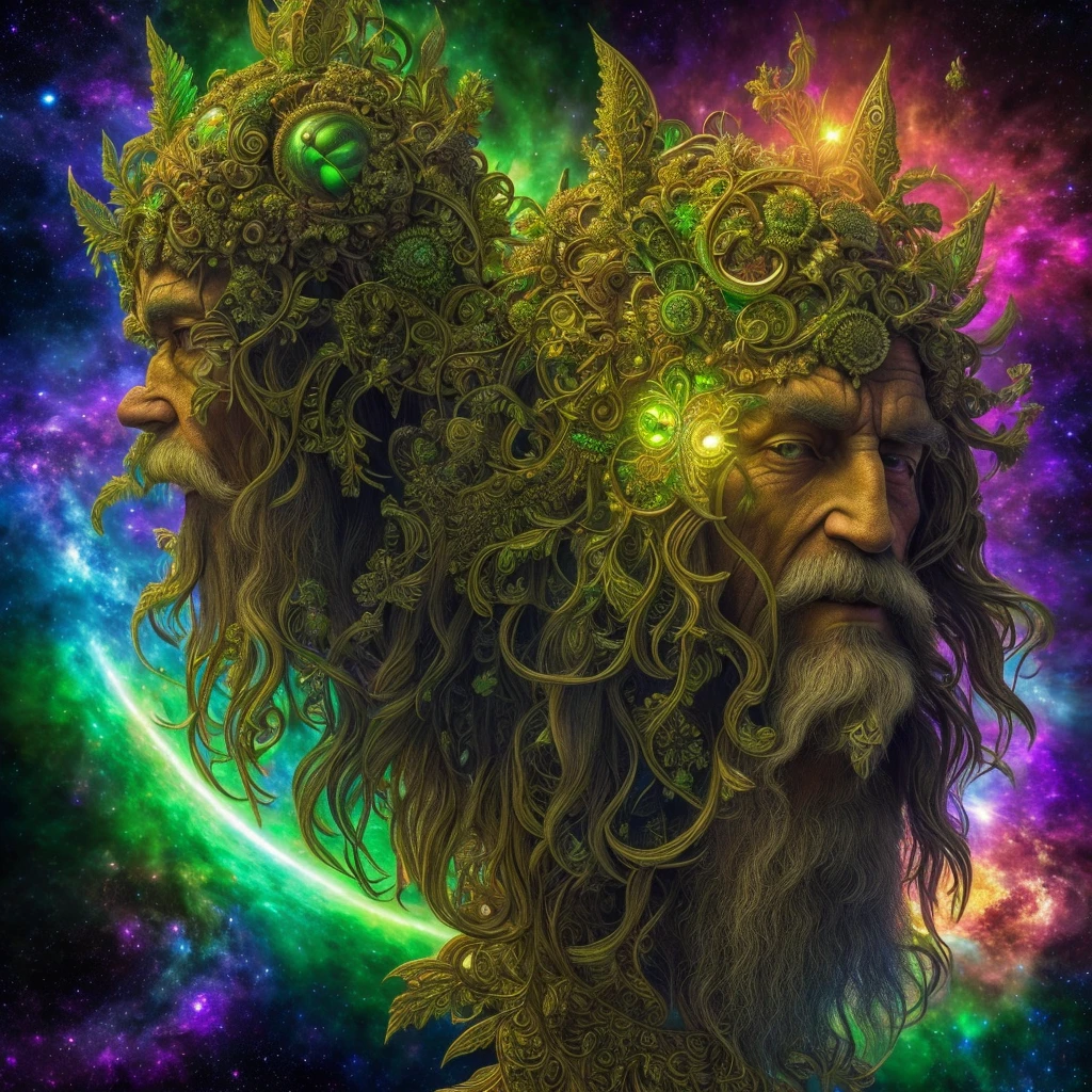 (High resolution, incredibly detailed, masterpiece), symmetrical, centered, portrait of gaelic greenman, featuring fractal geometry in (vibrant colors:0.8), set against a (galactic background:1.2), bringing together complex, mesmerizing shapes and patterns,dmt ,fractal art,holy light.