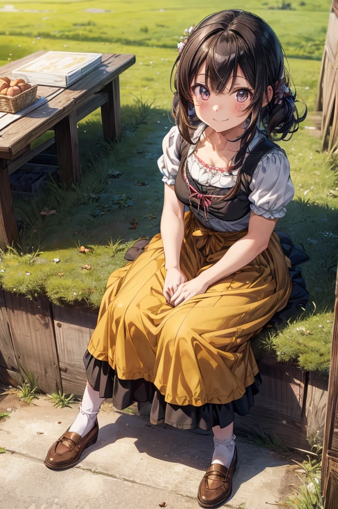 1girl, (anime coloring:1.2), perfect_, best quality, looking at viewer, upturned eyes, medium hair, chestnut hair, hairs between eyes, feminine, happy smile, (dirndl long skirt:1.2), Simple shoes, village deep in the rye field, Medieval village,