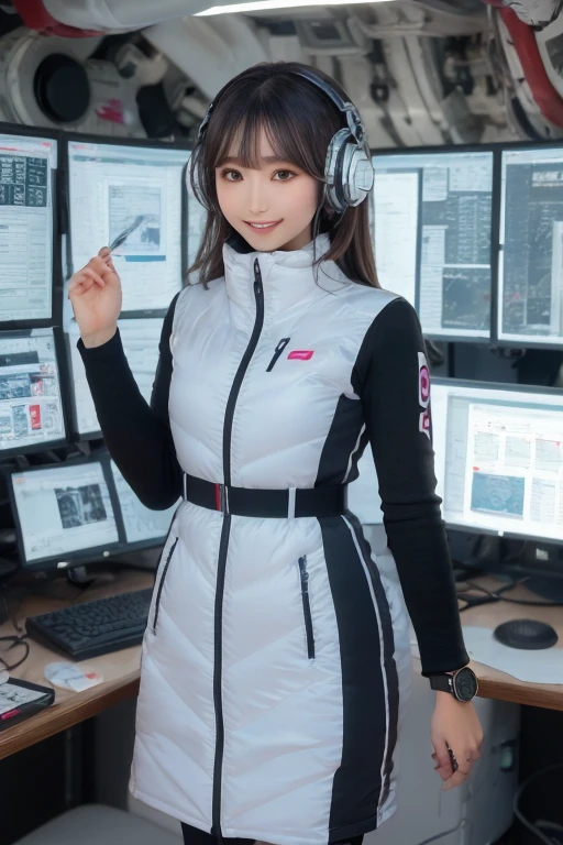 masterpiece, Highest quality, Very detailed, 8K Portrait,Japanese Android Girl,plump , Control panel,Robotic arms and legs, Blunt bangs,,break (Metallic Gray, Metallic luster, Mirror finish, Astro Best):5,headphone:5,break (Black sleeves):100,Smart Watches,Futuristic space station,Control Room,break headphone,blue eyes,(Black Hair):2,(Long Hair):1.3,Viewer Display,(respirator),break blush:3,Hidden Hand,smile