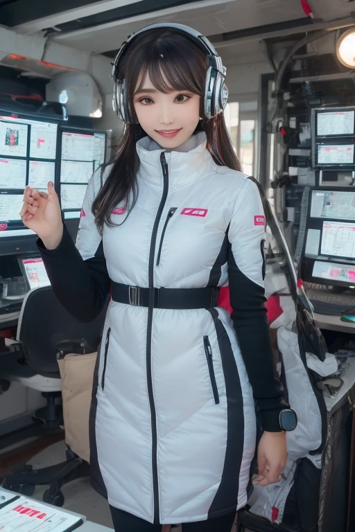 masterpiece, Highest quality, Very detailed, 8K Portrait,Japanese Android Girl,plump , Control panel,Robotic arms and legs, Blunt bangs,,break (Metallic Gray, Metallic luster, Mirror finish, Astro Best):5,headphone:5,break (Black sleeves):100,Smart Watches,Futuristic space station,Control Room,break headphone,blue eyes,(Black Hair):2,(Long Hair):1.3,Viewer Display,(respirator),break blush:3,Hidden Hand,smile