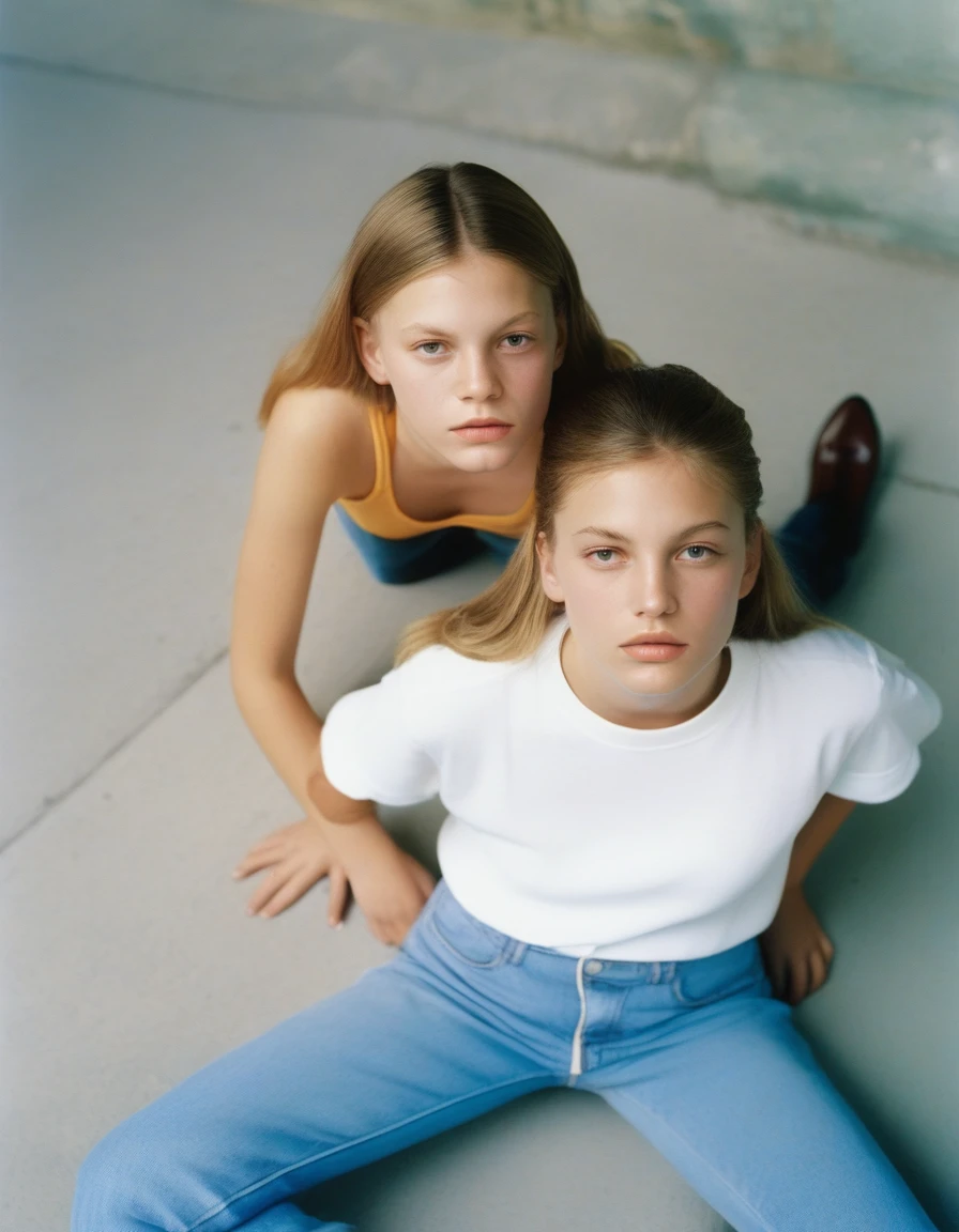 Two girls sitting on the ground with skits, looking at the camera, Two girls, young girls, Im Stil von Alasdair McLellan, inspired by Martin Schoeller, als Mode-Editorial der 90er, Girls resting, Sisters, im Stil von Petra Collins, Young teenagers, William Eggleston Stil, im Stil von Nan Goldin, hila klein