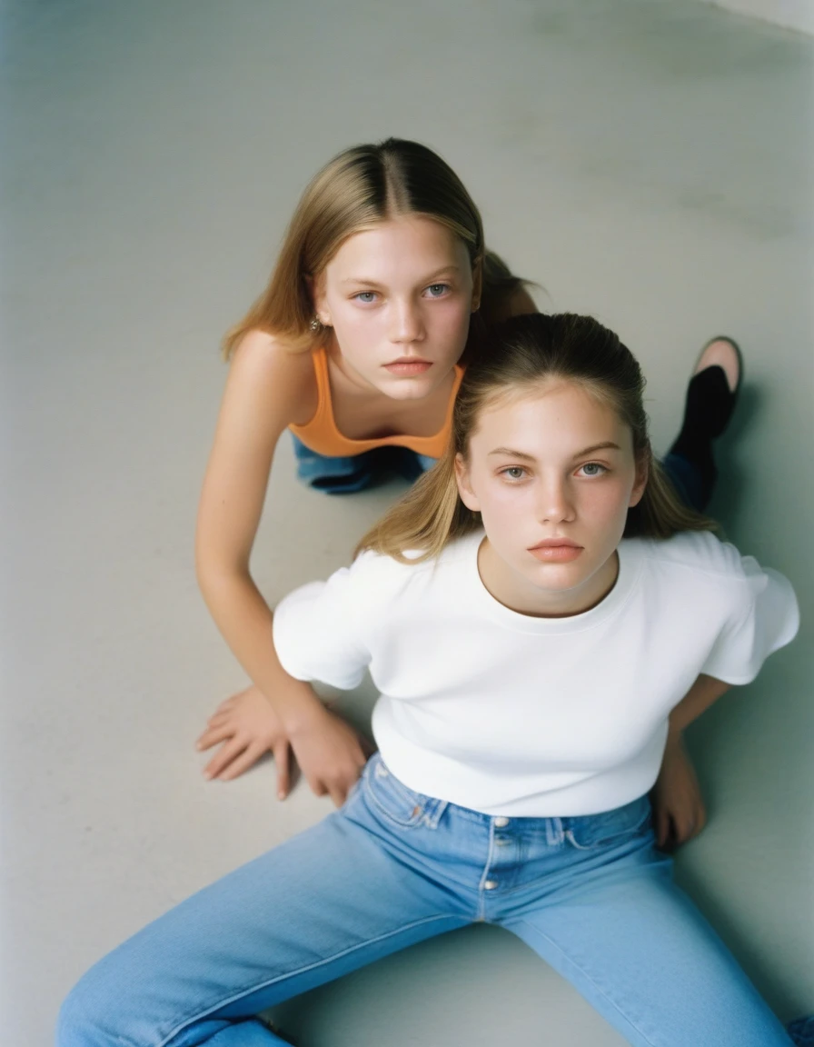 Two girls sitting on the ground with skits, looking at the camera, Two girls, young girls, Im Stil von Alasdair McLellan, inspired by Martin Schoeller, als Mode-Editorial der 90er, Girls resting, Sisters, im Stil von Petra Collins, Young teenagers, William Eggleston Stil, im Stil von Nan Goldin, hila klein