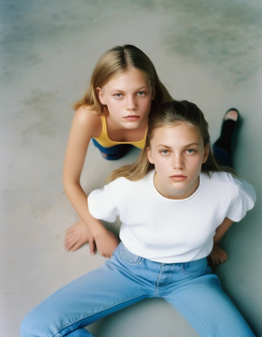 Two girls sitting on the ground with skits, looking at the camera, Two girls, young girls, Im Stil von Alasdair McLellan, inspired by Martin Schoeller, als Mode-Editorial der 90er, Girls resting, Sisters, im Stil von Petra Collins, Young teenagers, William Eggleston Stil, im Stil von Nan Goldin, hila klein