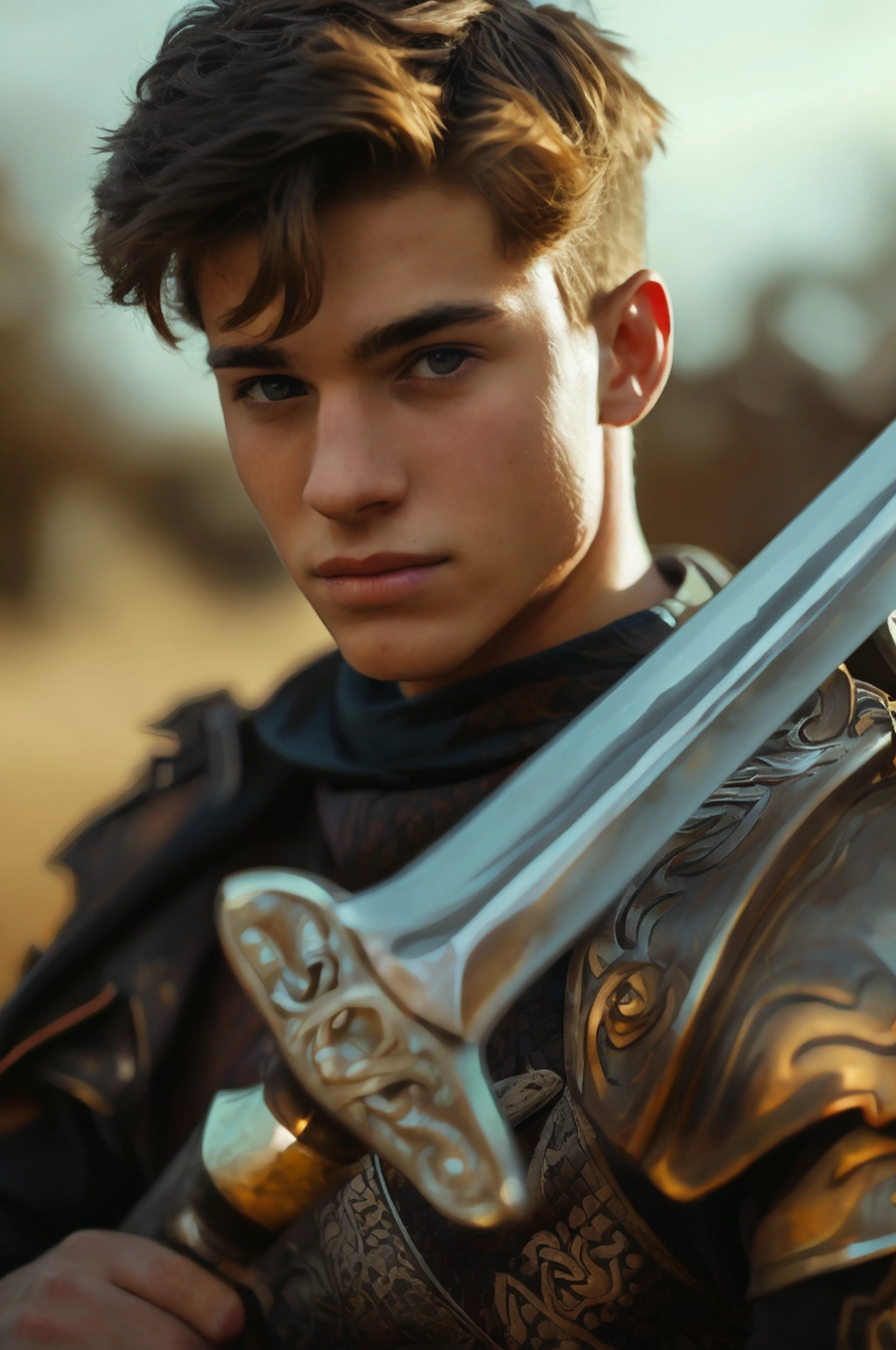 Realistic photo of solo handsome teenage men ,holding a big sword
