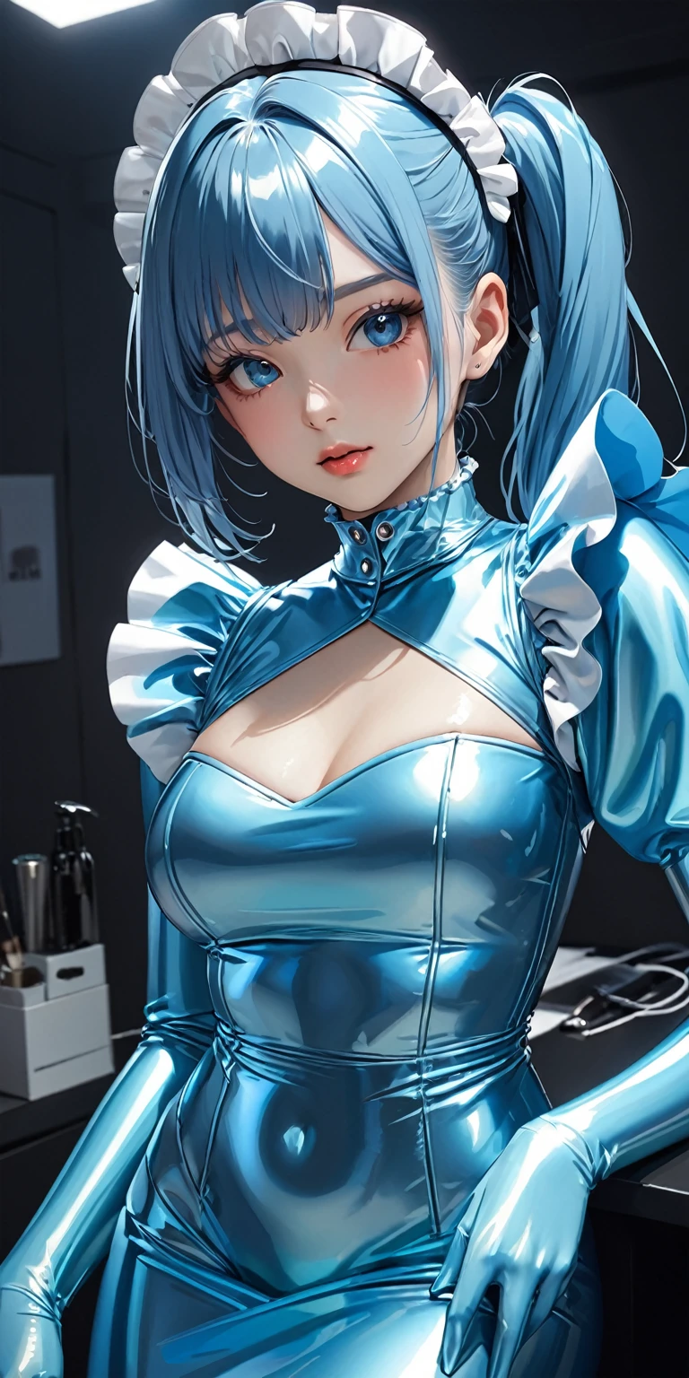 Portraiture、(masterpiece,Highest quality,Ultra-high resolution),Japanese women, (((Very beautiful 25 year old girl))),(Metallic light blue latex maid outfit)、(Metallic light blue latex long skirt)、(A long-sleeved metallic light blue latex shirt covering the upper body)、Metallic light blue latex gloves、Metallic light blue latex socketallic light blue latex bodysuit、Frills、The clothes fit snugly to the body、Latex is very shiny、Dark Room、