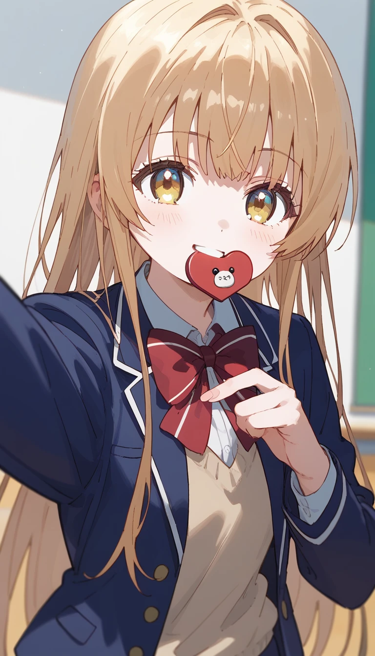 masterpiece,Ultra HD,score_4_onBREAK source_anime,可愛いanimeイラスト, masterpiece,high resolution,smile,alone,mahirushiina,One girl,Blonde,Long Hair,Selfie pose,Close your mouth,Blue blazer,Red bow tie,black tights,School,classroom,