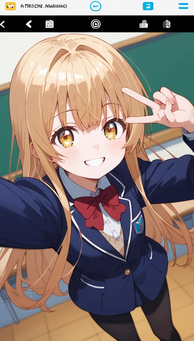 masterpiece,Ultra HD,score_4_onBREAK source_anime,可愛いanimeイラスト, masterpiece,high resolution,smile,alone,mahirushiina,One girl,Blonde,Long Hair,Selfie pose,Close your mouth,Blue blazer,Red bow tie,black tights,School,classroom,