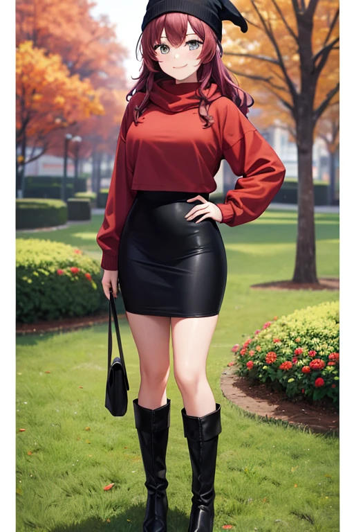 best quality, highres, beautiful woman looking at viewer, hand on hip, smiling, red hoodie, black midi pencil skirt, pencil skirt, beanie, leather boots, red scarf, full body, medium purple hair, wavy hair, garden, fall evening, tree, leaves falling, park, flowers