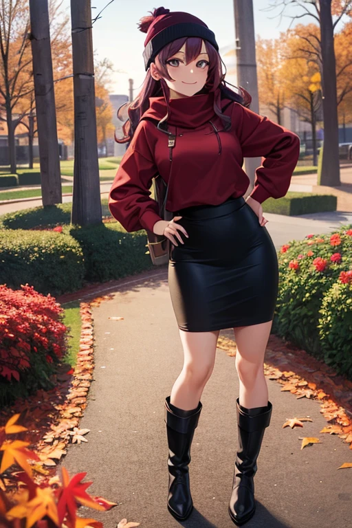 best quality, highres, beautiful woman looking at viewer, hand on hip, smiling, red hoodie, black midi pencil skirt, pencil skirt, beanie, leather boots, red scarf, full body, medium purple hair, wavy hair, garden, fall evening, tree, leaves falling, park, flowers