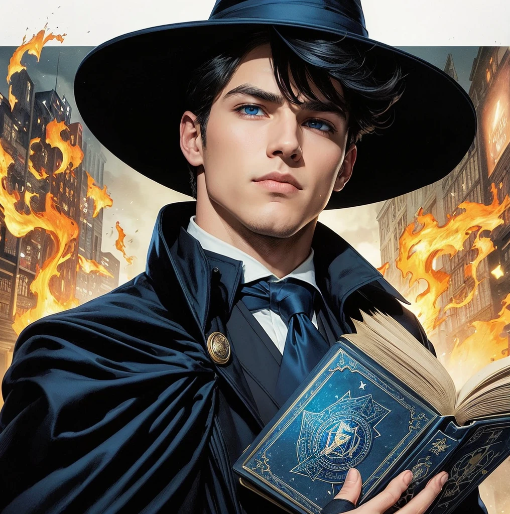 American classic comic book art: handsome young man, black short hair, navy blue wizard hat, navy black suit, fire magic, holding a blue magic book, blue eyes, elegant, city, wide sleeves, creating spells, library.
