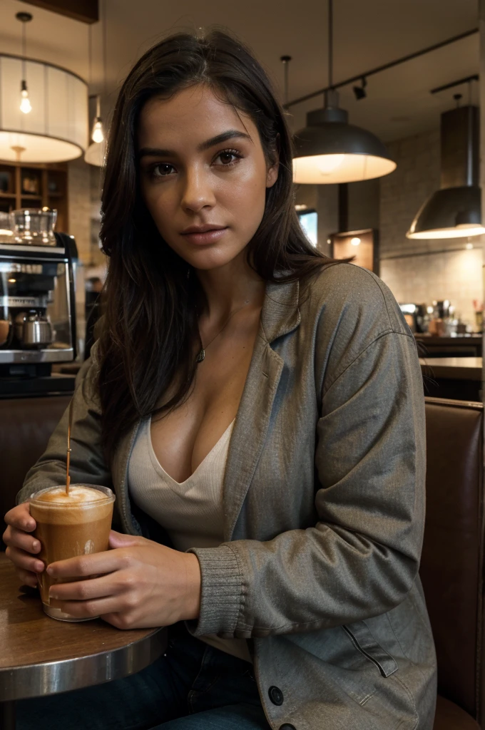 real, realisitic, atmospheric scene, work of art, best qualityer, (face detailed, skin texture detail, ultra-detailed body:1.1),cinematic light, d1an31an3-smf in a cafe having a coffee wearing a casual outfit, jaket