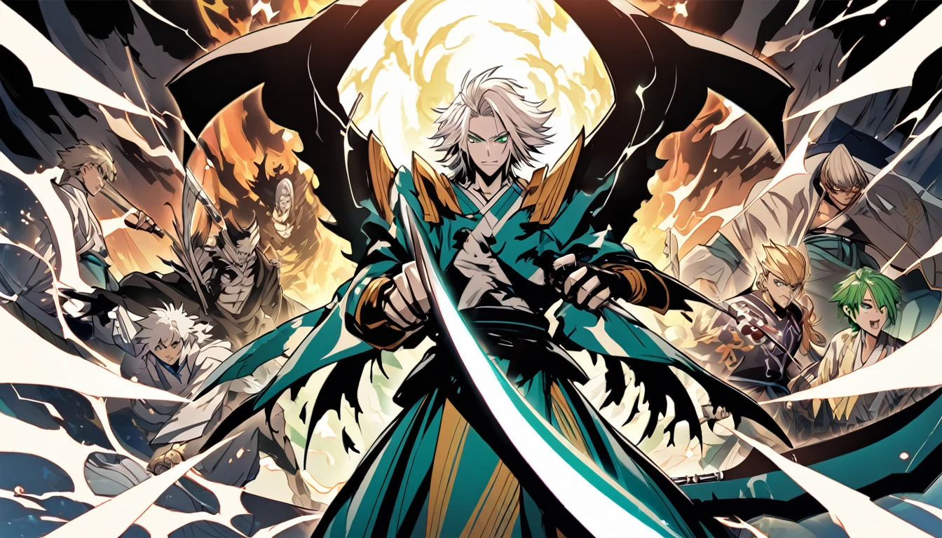 1 menino, foco masculino, Detalhes intrincados, 1 homem, bonito, cabelo branco, olhos verdes vibrantes, slim muscles, anime, 19 anos, 19 years, um pequeno cavanhaque, kimono de shinigami, shinigami, bleach style, bleach, regata, kimono, bleach, bleach style(kimono cor preta), (the character is releasing all his power, making his white hair and small gott swing, staring with his green eyes, releasing all his power using a powerful scythe, this scythe and his bankai form from the bleach universe, the scythe is surrounded by black flames , just like the character also has black flames around it) .