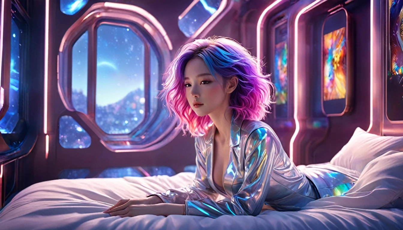 (Highest quality,8K,Super detailed:1.2),(CG,CG Art,3D Rendering),(masterpiece:1.2),（Sexy Outfits），(Cinema Lighting,Futuristic),(Woman lying in bed,Sleep,close your eyes),(The big window behind her,quiet night),(Colorful Hair:1.5)
