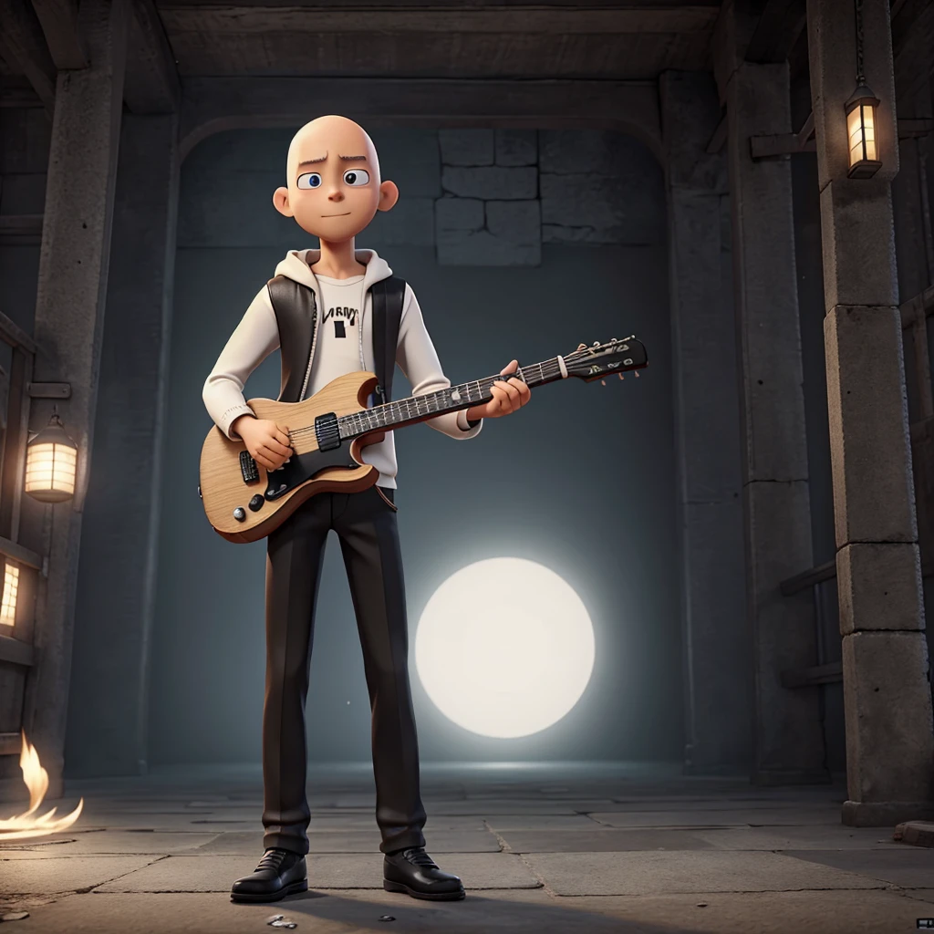 Saitama from one puch man playing black guitar alone  