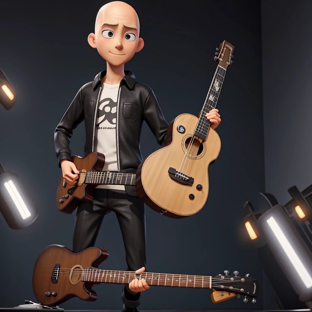 Saitama from one puch man playing black guitar alone