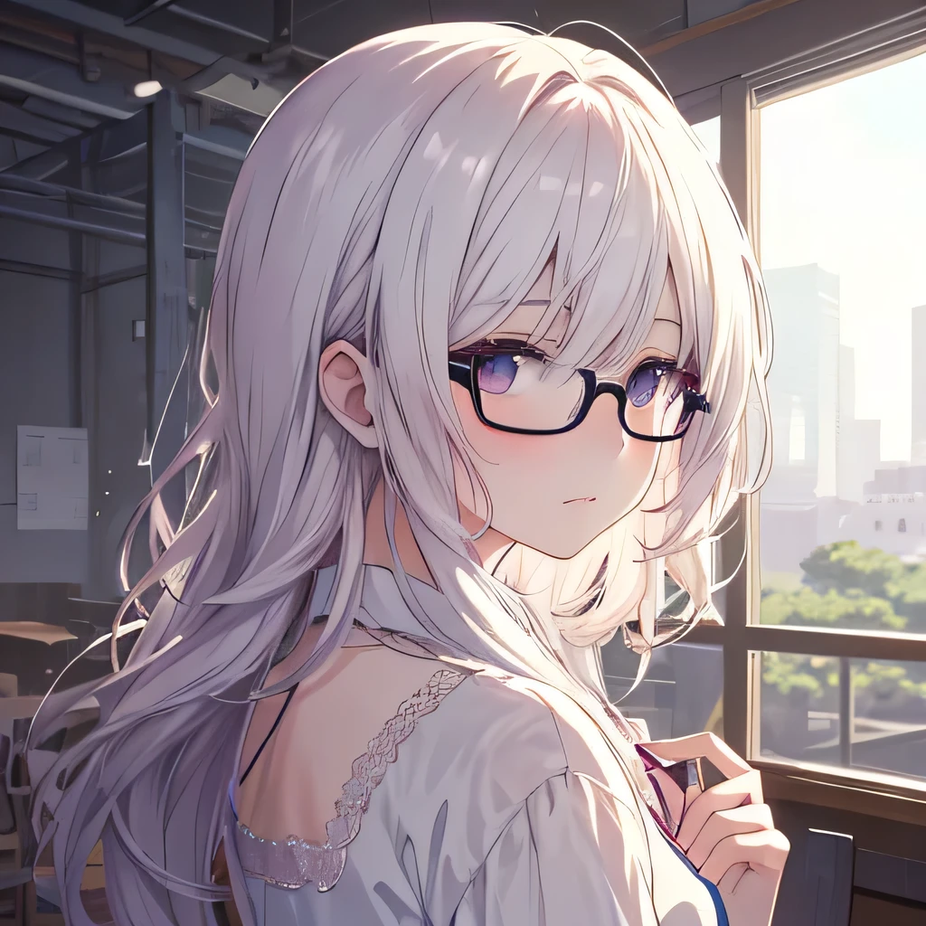 College girl wearing glasses, white dyed hair,Sheer chiffon blouse, Back view, Sad face, tired, Station scenery, Portrait of Roffey, Digital anime illustration, Detailed digital anime art, Anime Portrait, Anime Moe Art Style, Realistic anime art style, Anime realism style, semi-realistic anime style, Anime Character Portraits, High quality anime art style
