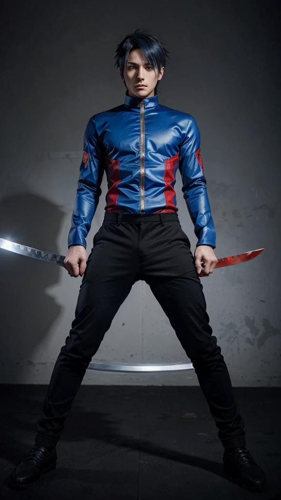 ((1 man)), Alone, looking at the viewer, anime type blue hair, ((a red anime-type swordsman suit)),((large black anime type pants )),a legendary swordsman, low but intense blue eyes, (whole body), Gray background, realist, dioknigsreuter