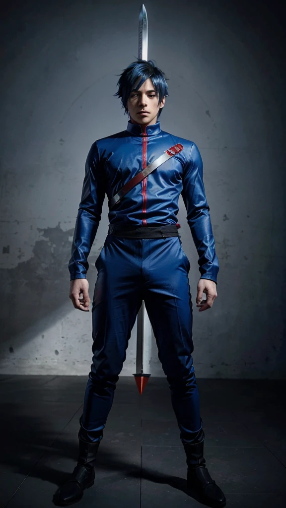 ((1 man)), Alone, looking at the viewer, anime type blue hair, ((a red anime-type swordsman suit)),((large black anime type pants )),a legendary swordsman, low but intense blue eyes, (whole body), Gray background, realist, dioknigsreuter