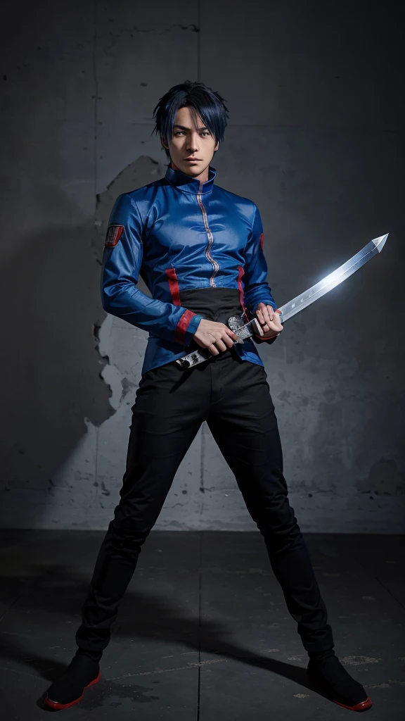 ((1 man)), Alone, looking at the viewer, anime type blue hair, ((a red anime-type swordsman suit)),((large black anime type pants )),a legendary swordsman, low but intense blue eyes, (whole body), Gray background, realist, dioknigsreuter