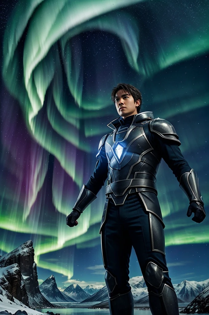 Create a cover that reflects the essence of your isekai novel, highlighting the protagonist using their special suit to channel elemental powers. Imagine a scene with snowy mountains and a crystal-clear lake, where the protagonist raises a barrier of light against a colossal monster. The sky is filled with northern lights and shooting stars, symbolizing the conflict between light and darkness.